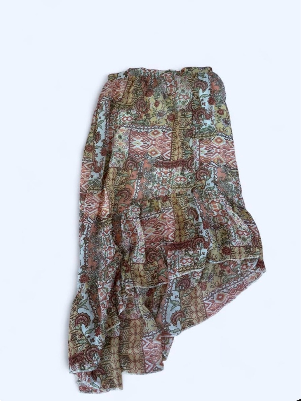 Knitworks Asymmetrical Patchwork Maxi Skirt - Rust, Sage, Cream, Light Blue